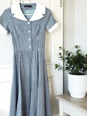 Gowntown Blue Gingham Dress Vtg Inspired 50s Style Rockabilly Swing Sz S